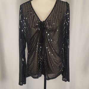 SHEIN Black Sequin Tie-Front Blouse